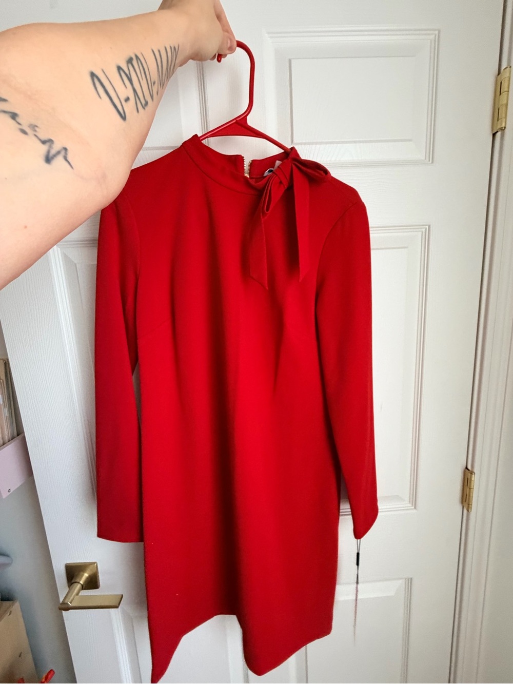 Calvin Klein Red Long-Sleeve Tie-Neck Dress